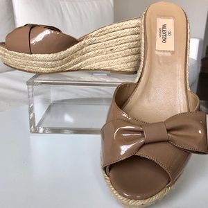 Valentino Nude Patent Leather Bow Espadrille Wedge